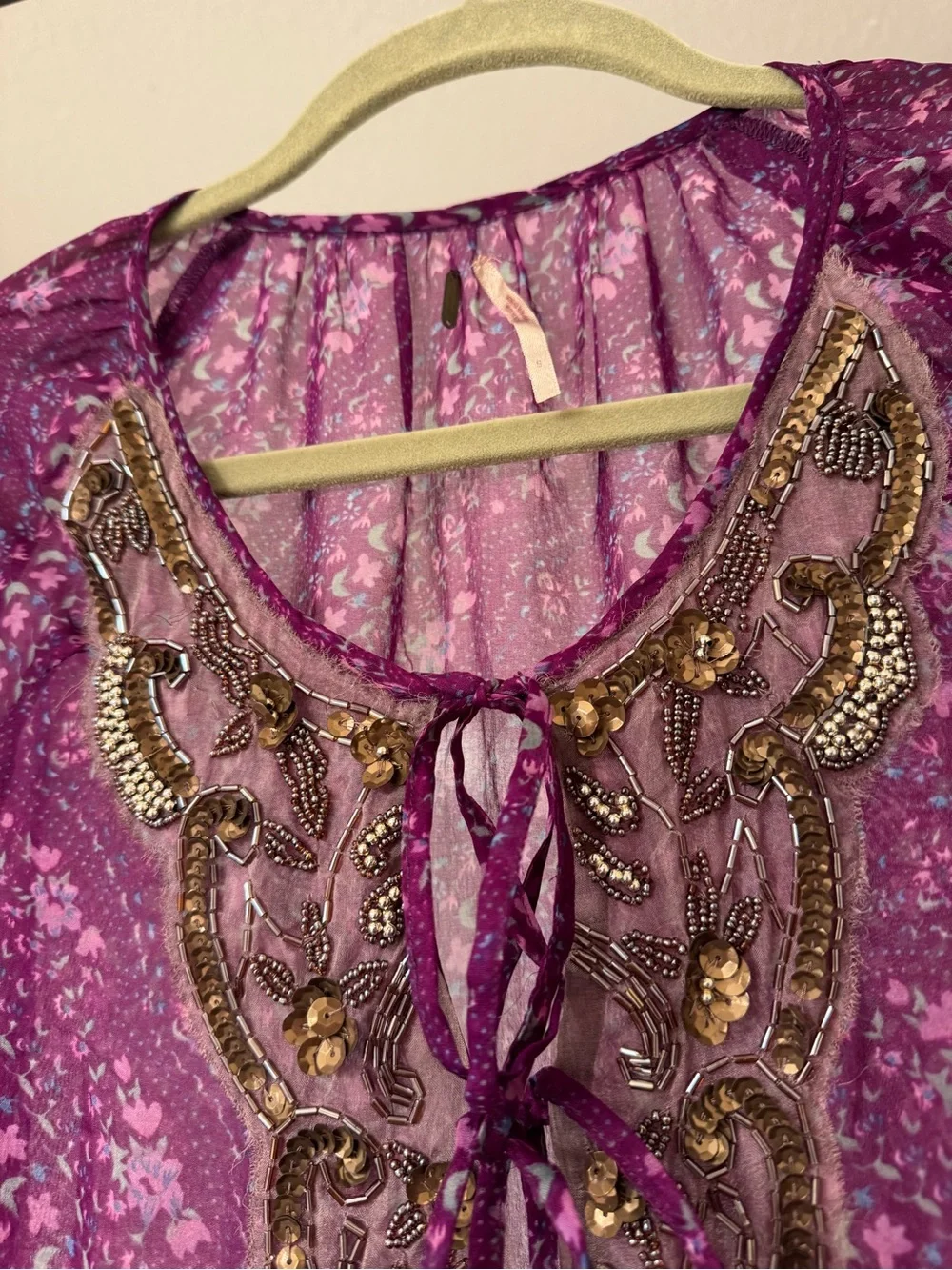 Free people Purple Pink Boho Peasant Tunic with Embellished Neckline
